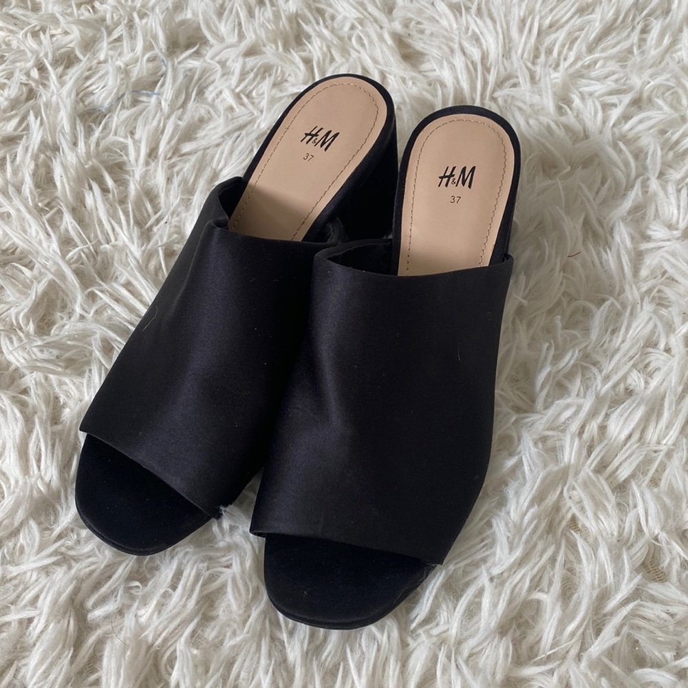 Black Satin Mule Heels